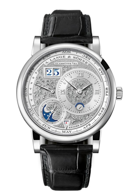 LANGE 1 TOURBILLON PERPETUAL CALENDAR HANDWERKSKUNST Ref. 720.048 // Movimiento: mecánico de carga automática / Calibre: L082.1 de manufactura / Piezas: 624 / Joyas: 76 / Escape: de áncora / Reserva de marcha: 50 horas / Frecuencia: 21,600 a/h / Caja: 41.9 mm de platino con trabajo artesanal de grabado / Carátula: oro blanco rodiado pintada a mano / Agujas: oro rodiado / Correa: piel de cocodrilo con cierre desplegable y hebilla de platino / Edición limitada a 15 piezas.  