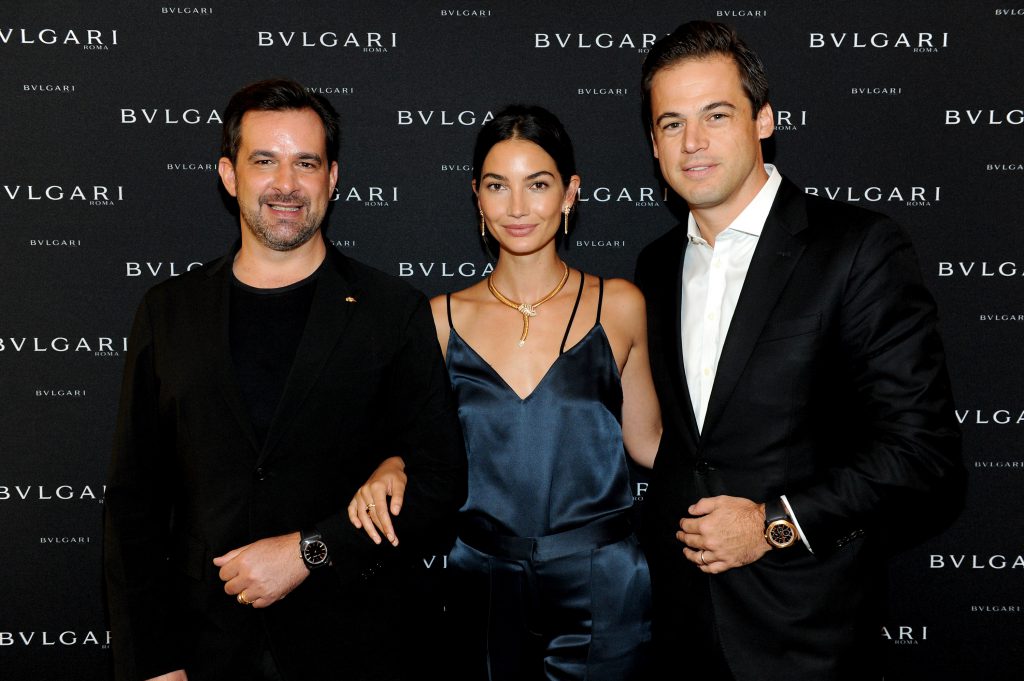 NEW YORK, NY - SEPTEMBER 12: (L-R) International Communication Director at Bulgari Stephane Gerschel, model Lily Aldridge, and President, North America at Bulgari Daniel Paltridge attend the Bulgari 2016/2017 International Campaign Muse announcement on September 12, 2016 in New York City. (Photo by Craig Barritt/Getty Images for Bulgari)