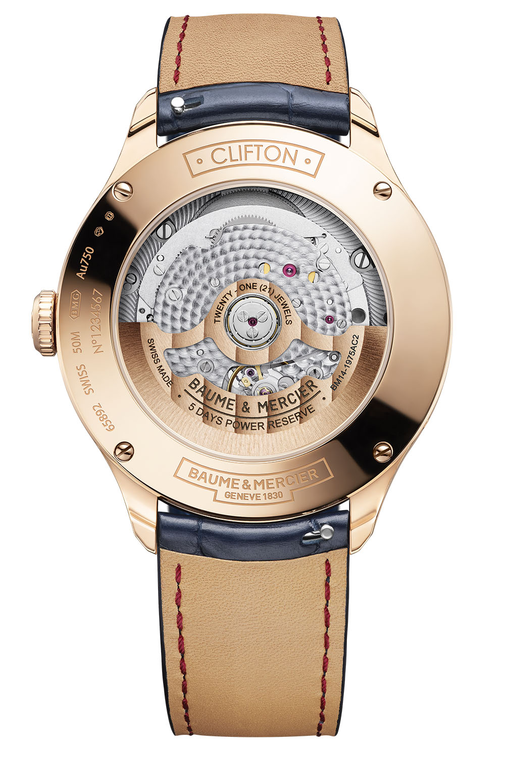 Baume et Mercier Clifton Baumatic Day Date Moon Phase oro rosa pack fondo Watches World