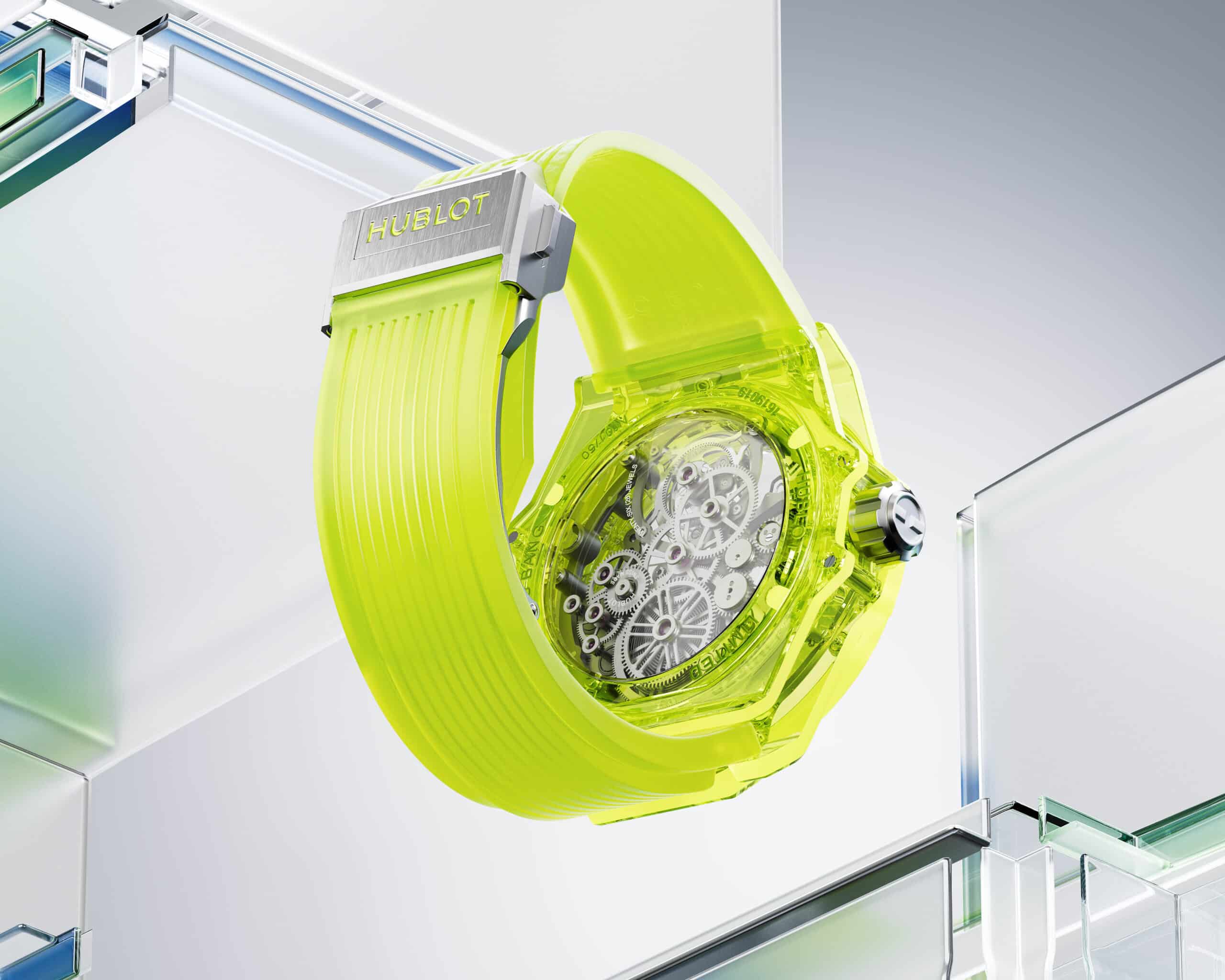 HUBLOTBIGBANGTOURBILLONAUTOMATICYELLOWNEONSAXEM429JY0120RTLS3Horizontal Watches World Calibre HUB6035 de manufactura
