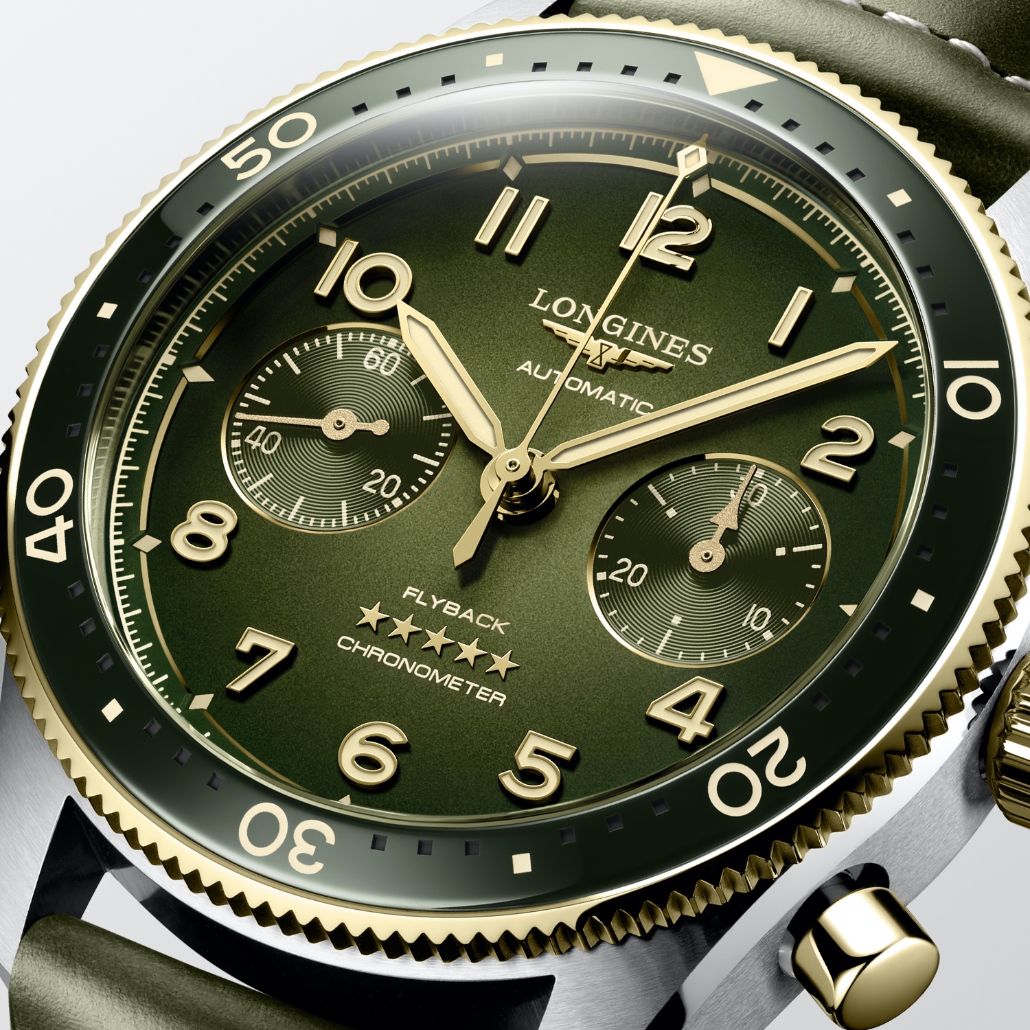 Longines Spirit Flyback en oro con carátula verde