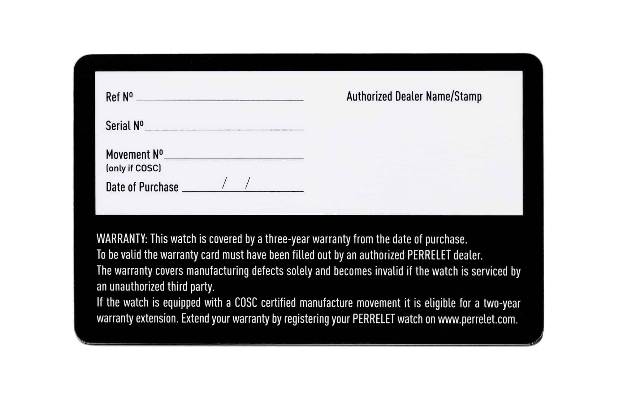 Tarjeta garantía Perrelet back Watches World Tarjeta Perrelet garantía