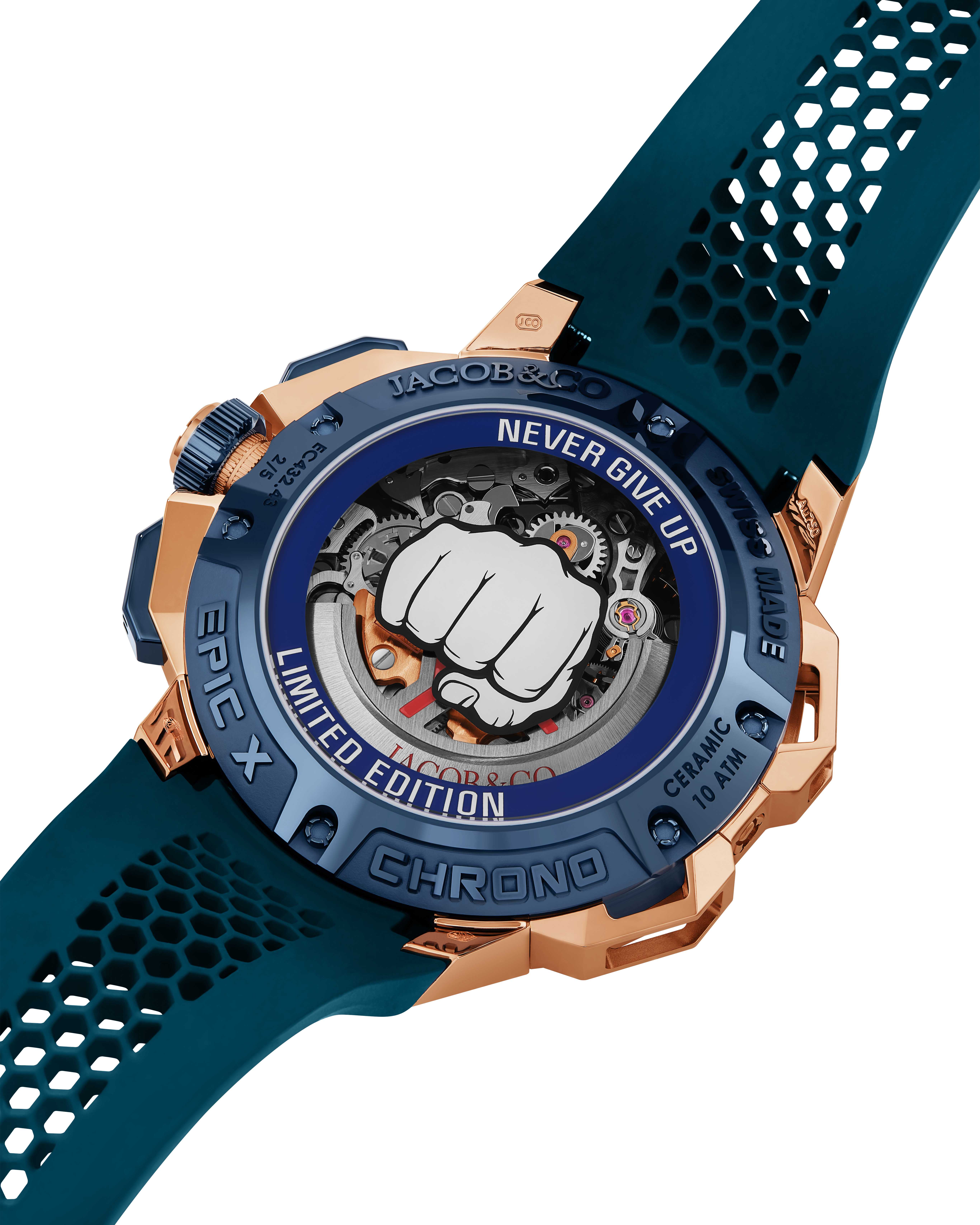 Jacob Co Epic X Chrono 44mm Never Give Up Limited Edition Gold Baguettes back Watches World Jacob Co Epic X Chrono 44mm Never Give Up Limited Edition Gold Baguettes back