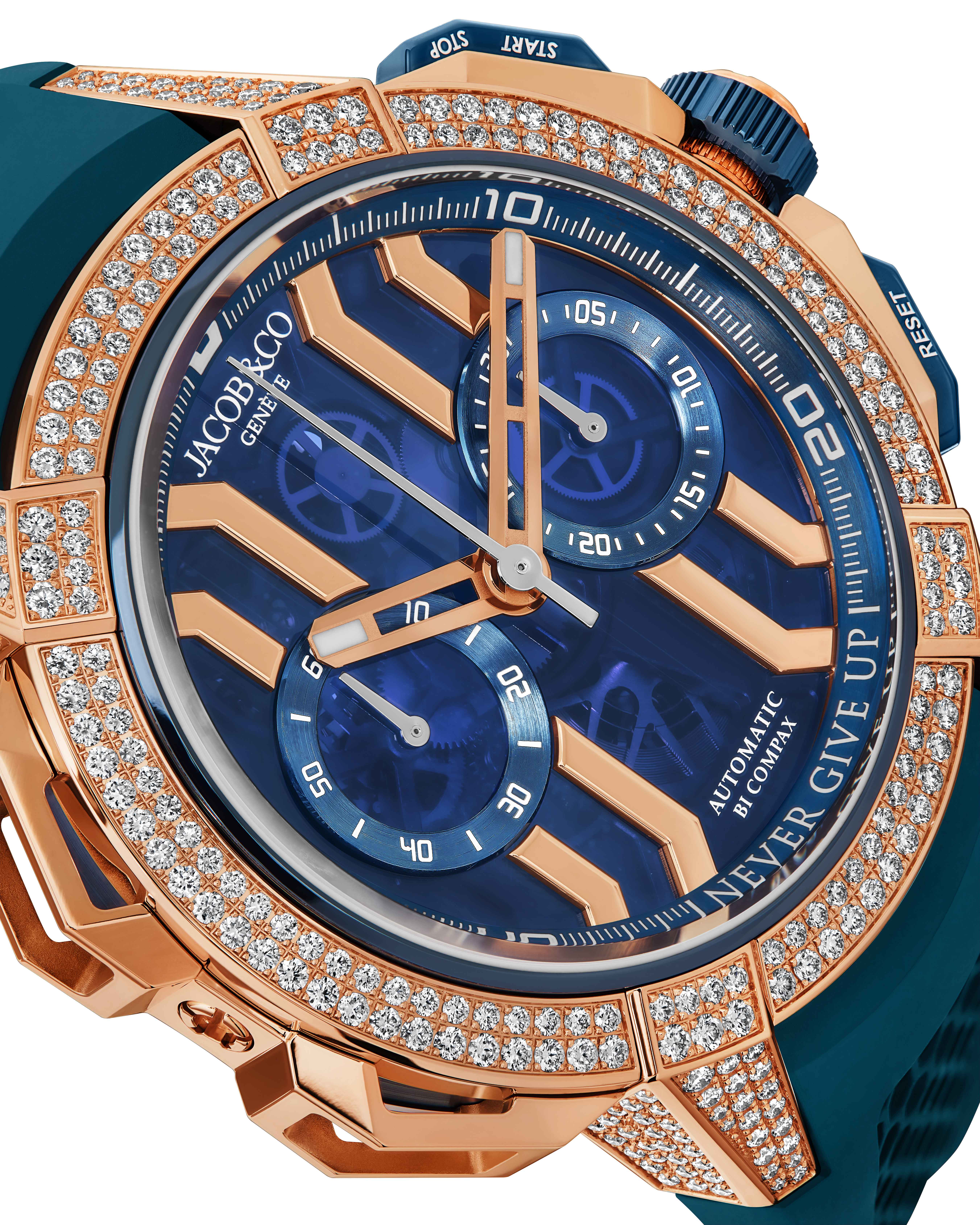 Jacob Co Epic X Chrono 44mm Never Give Up Limited Edition Gold Pavé closeup Watches World Jacob Co Epic X Chrono 44mm Never Give Up Limited Edition Gold Pavé closeup