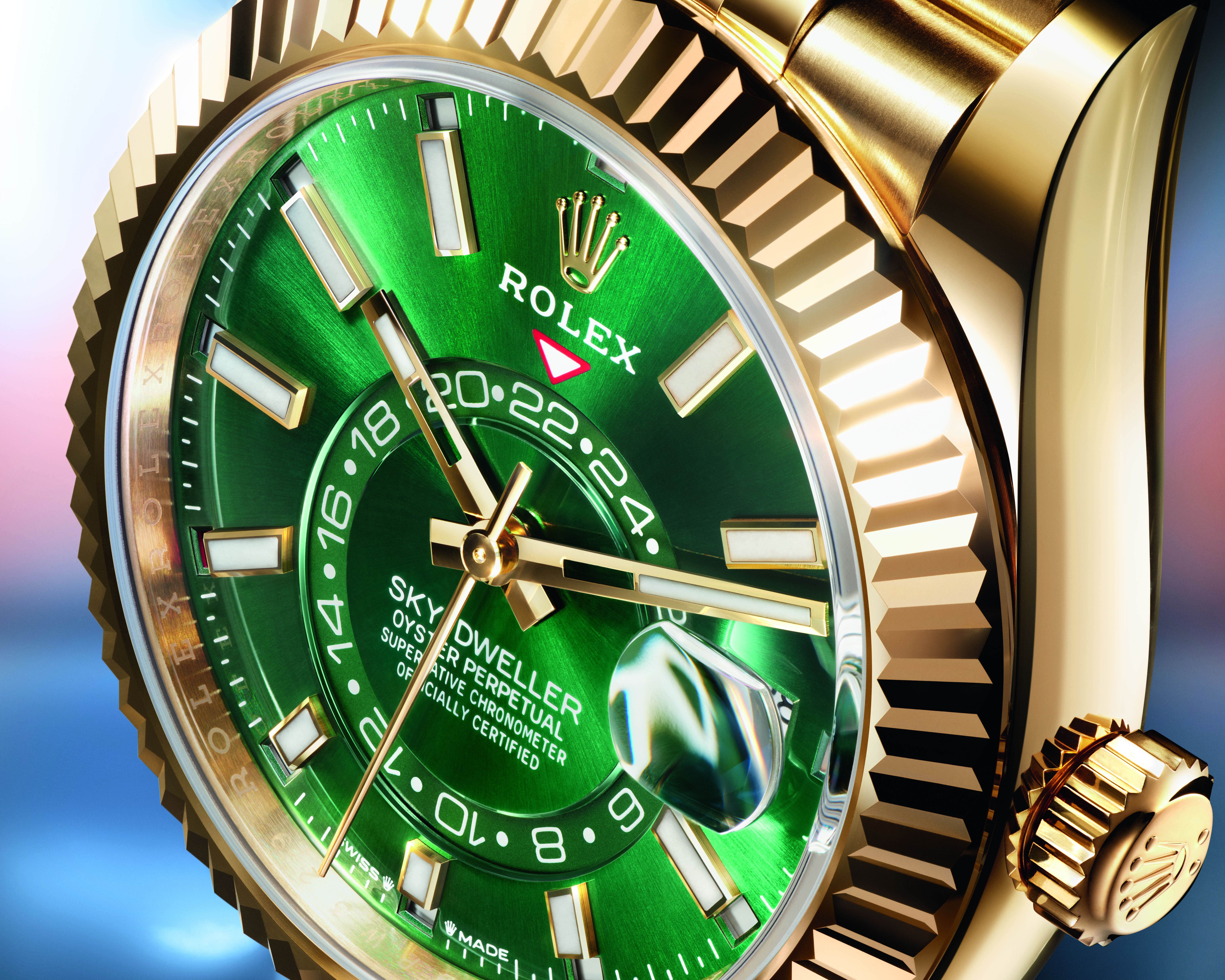 Oyster Perpeutal SkyDweller Watches World Rolex nuevas carátulas 2025 Sky Dweller carátula verde m336938 closeup