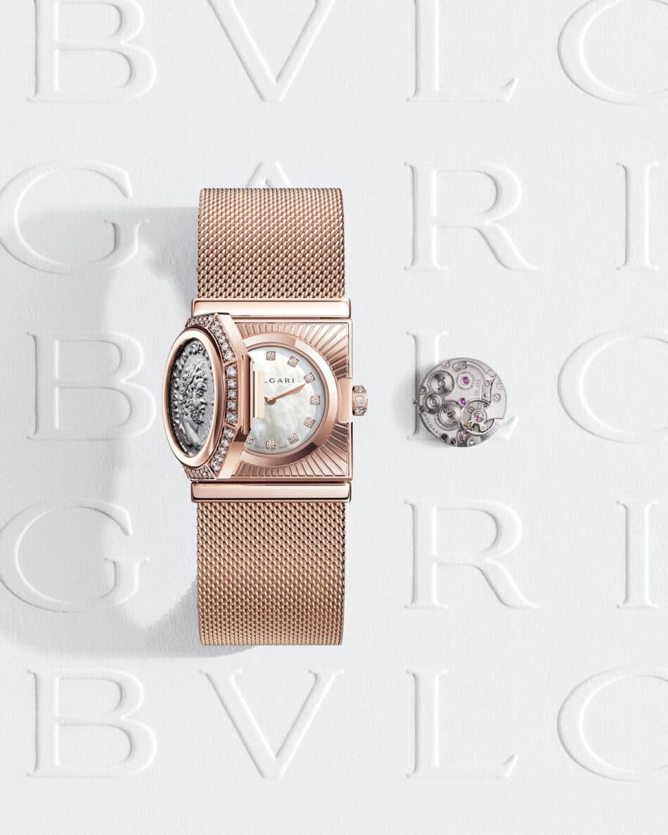 Reloj Maglia Milanese Monete de Bvlgari en oro rosa, con moneda romana antigua y brazalete de malla milanesa.