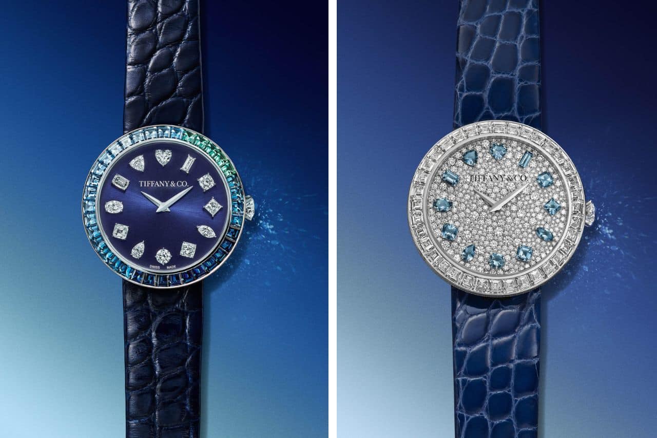 Eternity Baguette de Tiffany Co presentado en la LVMH Watch Week Watches World Detalle de la carátula de los relojes Eternity Baguette by Tiffany con marcadores horarios de gemas