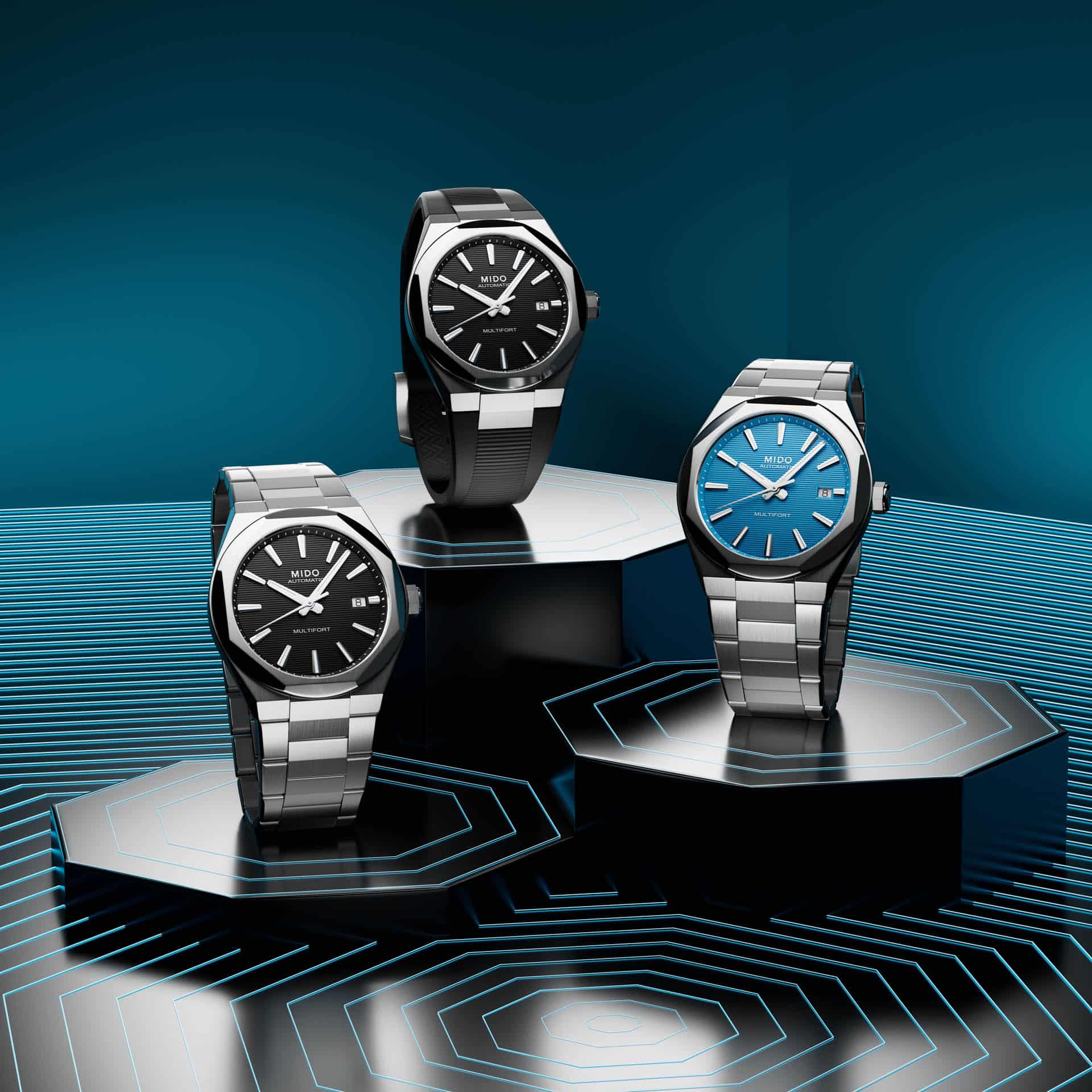 Variantes del Multifort 8 One Crown Watches World Multifort 8 One Crown con carátula negra y azul brazalete de acero inoxidable