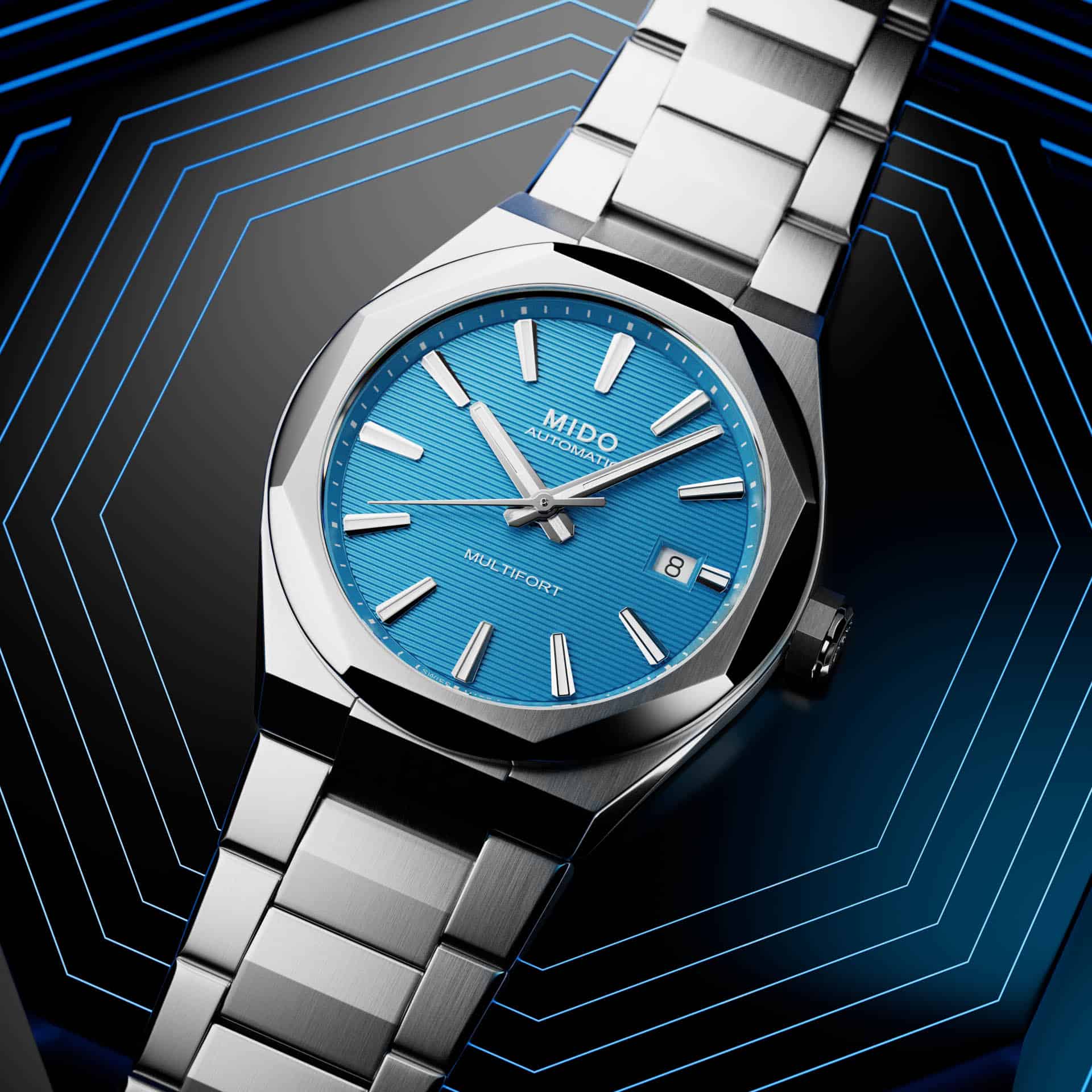 Multifort 8 One Crown carátula azul Watches World Detalle del diseño geométrico del Mido Multifort 8 One Crown inspirado en la arquitectura urbana