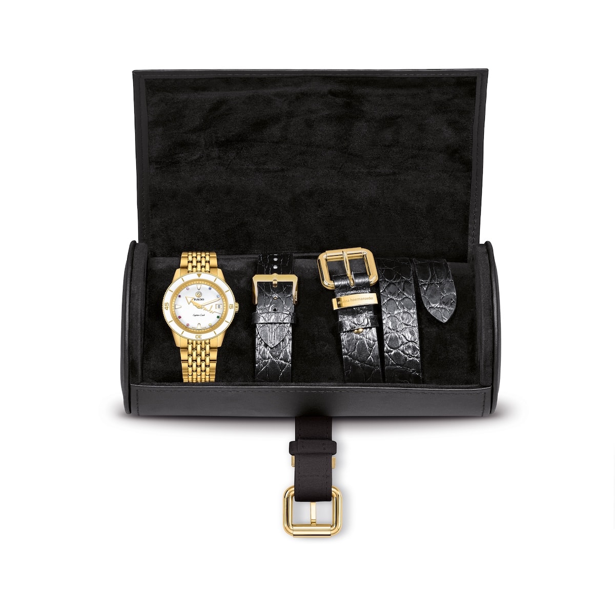 Estuche Rado Captain Cook xMarina Hoermanseder Watches World Estuche y correas del nuevo Rado Captain Cook Marina Hoermanseder en oro rosa con diamantes y correa doble