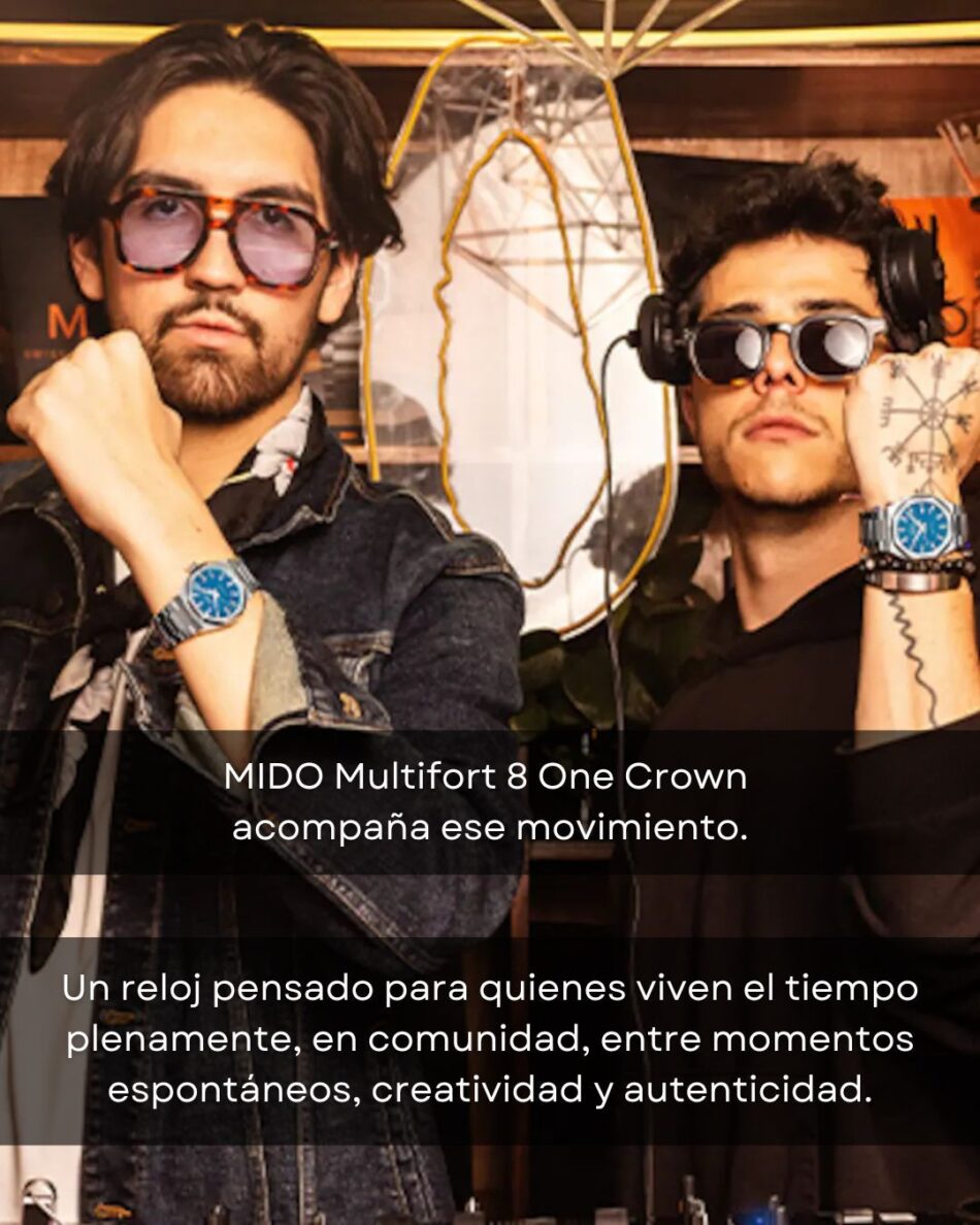 MIDO MULTIFORT 8 ONE CROWN 2 Watches World Promotional banner two men wearing MIDO watches and sunglasses with text about MIDO Multifort 8 One Crown