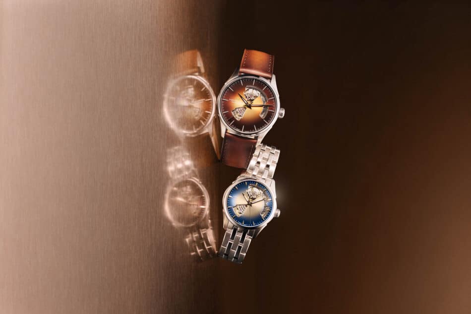 Hamilton Jazzmaster Open Heart H32705501H32215101January2026lifestyle01 Watches World Diseño elegante del Hamilton Jazzmaster Open Heart con correa de piel y en acero