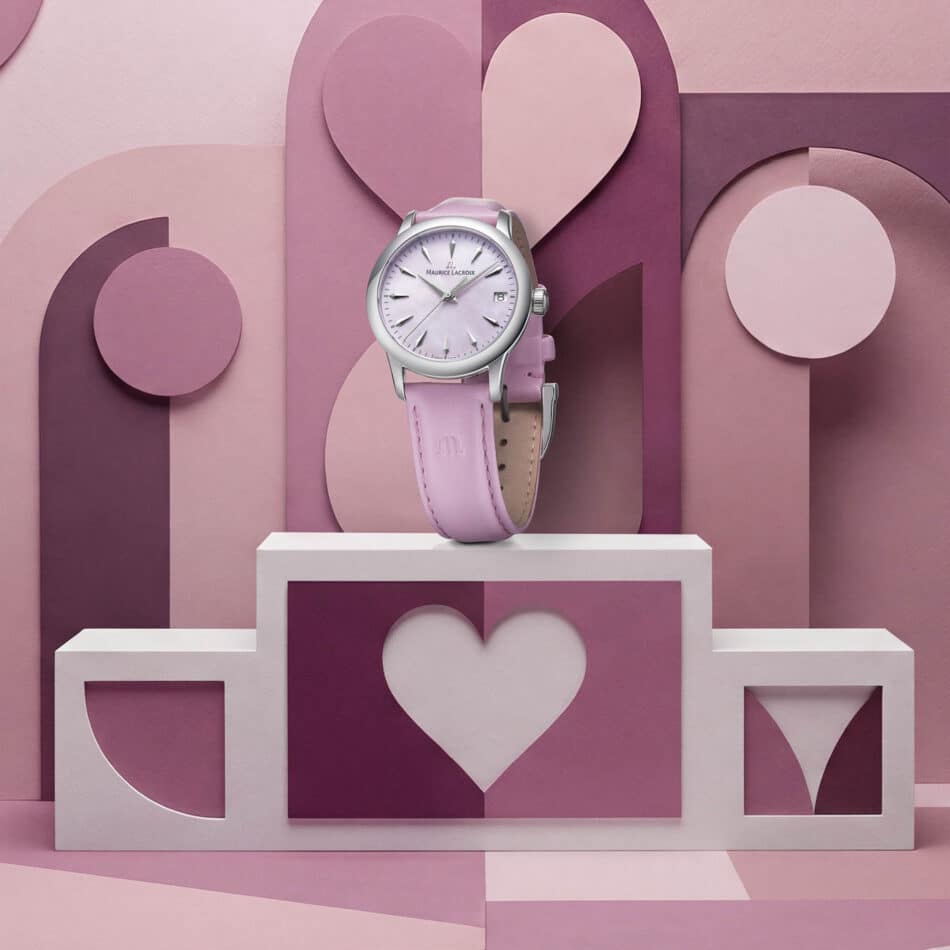 Maurice Lacroix Colección 1975 carátula rosa Watches World Detalle del reloj Maurice Lacroix 1975 Quartz 33 mm con carátula rosa de nácar y correa de piel a juego