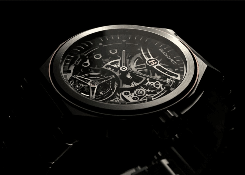 Bianchet UltraFino RotondoCARÁTULA COMPLETA CARBONO Watches World Detalle del Bianchet UltraFino Rotondo en carbono sobre fondo negro en donde se aprecia la arquitectura calada del calibre