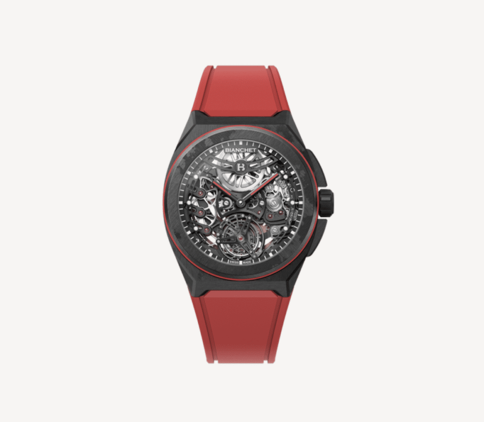 Bianchet UltraFino RotondoCARBOBO CORREA ROJA Watches World Bianchet UltraFino Rotondo en carbono con correa de caucho roja