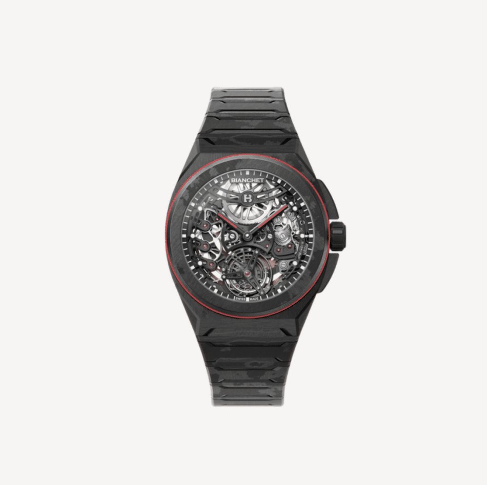 Bianchet UltraFino RotondoCARBONO CORREA Watches World Bianchet UltraFino visto de frente con su caja redonda fabricado en carbono