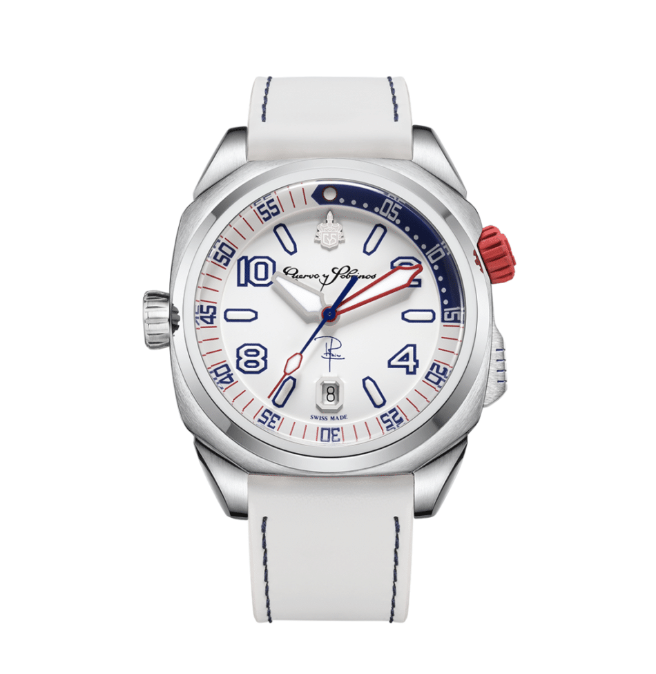 CUERVO Y SOBRINOS BUCEADOR CARIBE CARÁTULA BLANCA Francisco Pipin Ferreras Watches World White wristwatch with a stainless steel case white strap blue numerals and red crown Swiss made display model