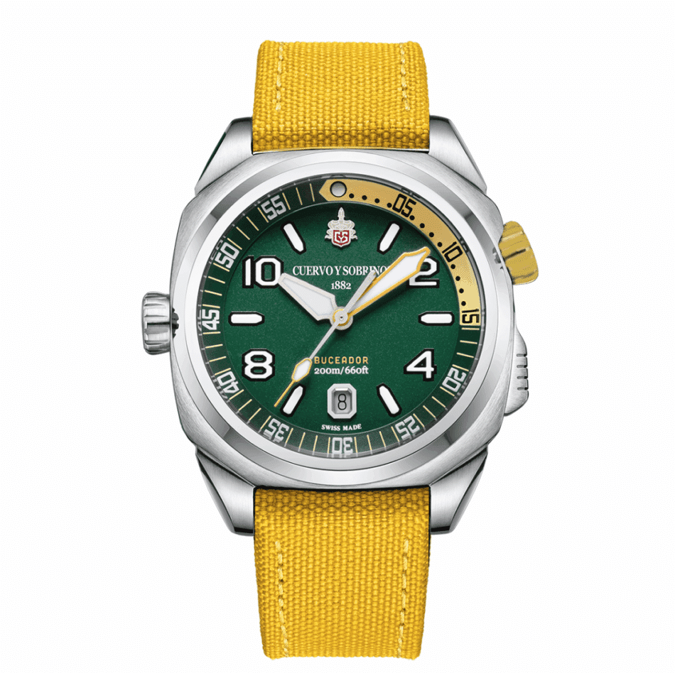 CUERVO Y SOBRINOS BUCEADOR CARIBE CARÁTULA VERDE Watches World Sporty analog wristwatch with a green dial bold white numerals and a yellow fabric strap in a stainless steel case date window at 6 oclock