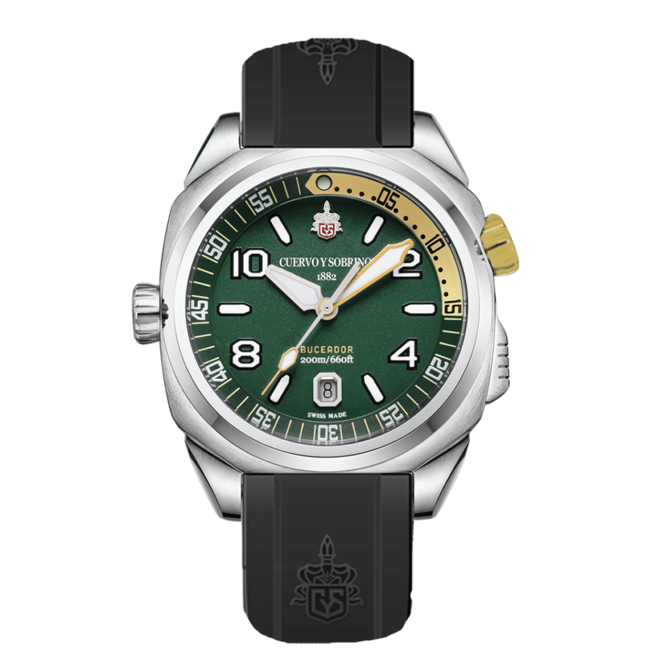 CUERVO Y SOBRINOS BUCEADOR CARIBE CARÁTULA VERDENEGRA Watches World Divers wristwatch with green dial silver case black strap and yellow crown showing 200m660ft depth rating