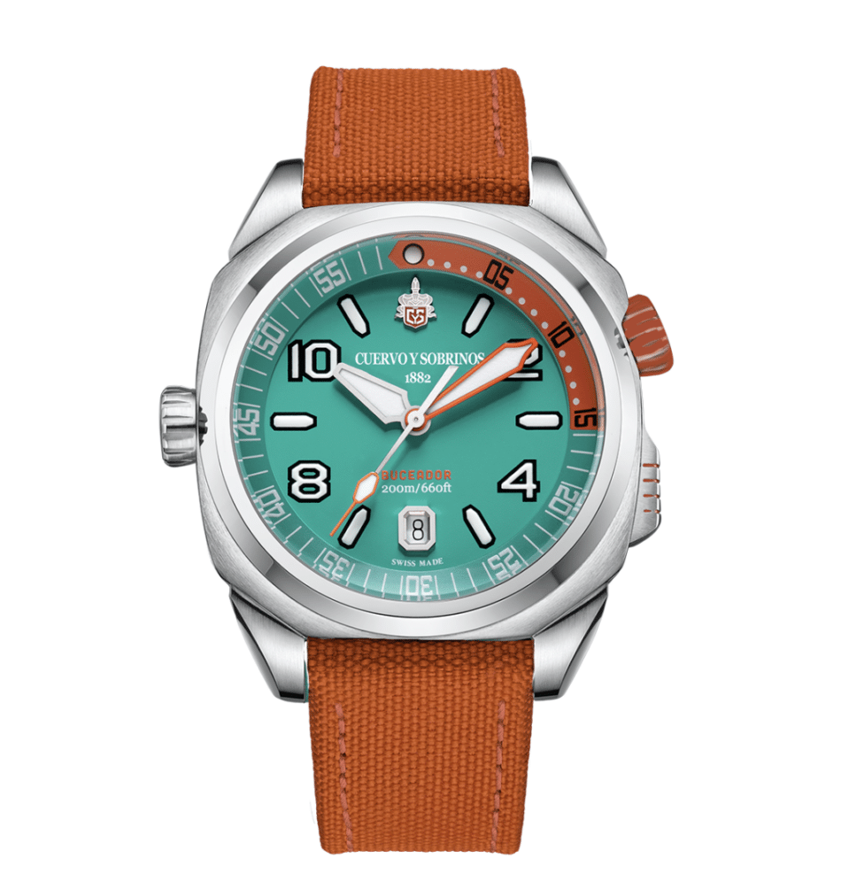CUERVO Y SOBRINOS Buceador Caribenaranja Watches World Stainless steel diver's watch with teal dial, orange accents, and orange fabric strap