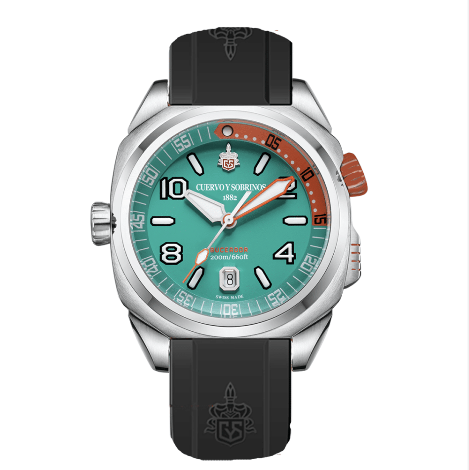 CUERVO Y SOBRINOSBuceador Caribenegro Watches World Diver style wristwatch with teal dial orange crown and black rubber strap displaying date at 6 oclock