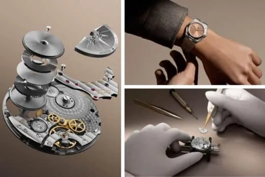 Vacheron Constantin Overseas Automático Ultraplano en platino con carátula salmón y detalle del Calibre 2550