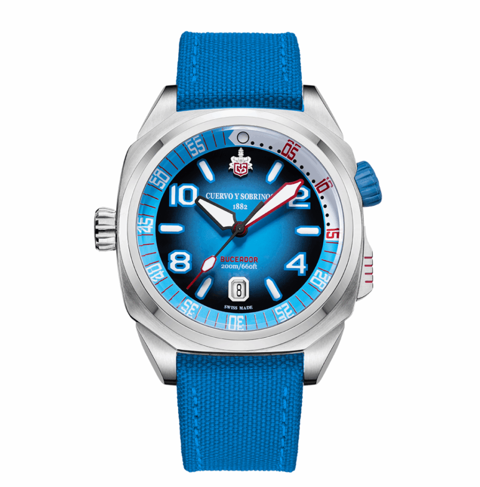 Cuervo Y Sobrinos Buceador CaribeCarátula AzulAzul Watches World Stainless steel dive watch with a bright blue dial white hour markers and a blue fabric strap