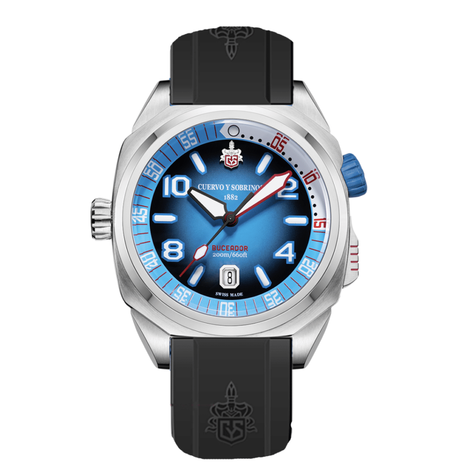 Cuervo Y Sobrinos Buceador CaribeCarátula AzulNegra Watches World Blue dial divers watch with a stainless steel case blue bezel and black rubber strap with a logo on the strap
