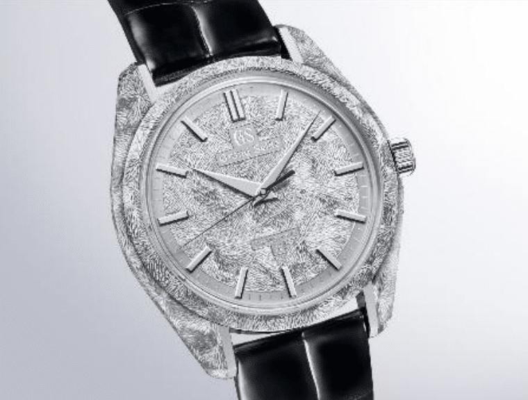 GRAND SEIKO Cascada Mística SBGZ011CARÁTULA Watches World Diamond encrusted wristwatch with a silver dial and black leather strap displayed at an angle
