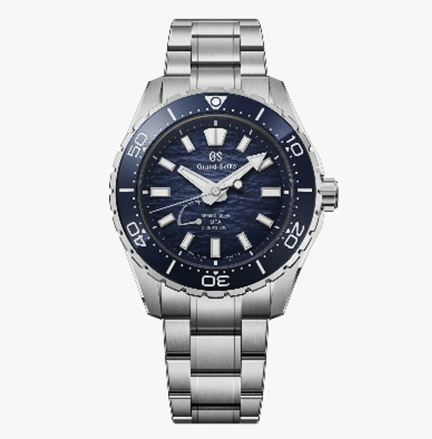 GRAND SEIKOColección Evolution 9 Spring Drive UFA Ushio 300 DiverAZUL Watches World Stainless steel Grand Seiko dive watch with a blue textured dial luminous hour markers and hands rotating bezel and a matching metal bracelet