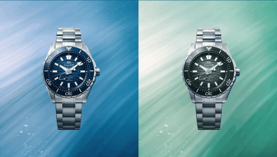 GRAND SEIKOColección Evolution 9 Spring Drive UFA Ushio 300 DiverDUO Watches World Two stainless steel dive watches displayed side by side against split blue and teal backgrounds showcasing blue dial on the left and dark dial on the right