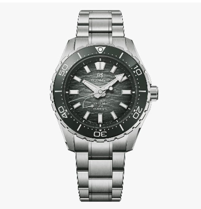 GRAND SEIKOColección Evolution 9 Spring Drive UFA Ushio 300 DiverVERDE Watches World Stainless steel diving watch with a black bezel textured dark dial and a metal link bracelet A rotating bezel and prominent hour markers are visible