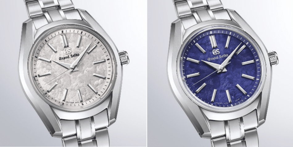 GRAND SEIKOColección Heritage HanaIkada y HanaIkada Azul Watches World Two Grand Seiko stainless steel watches shown side by side one with a silver textured dial and the other with a blue textured dial both with metal bracelets and crowns visible