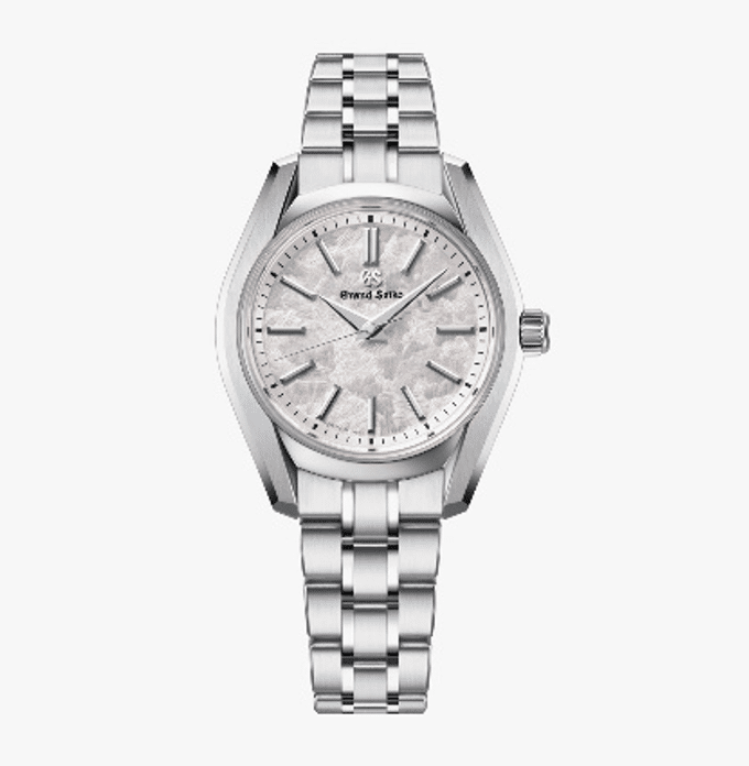 GRAND SEIKOColección Heritage HanaIkada Watches World Grand Seiko stainless steel analog wristwatch with a textured light dial and matching bracelet