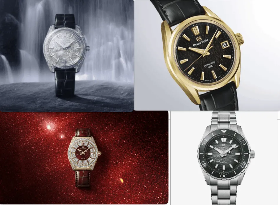 Four luxury watches arranged in a collage: top left diamond-encrusted silver watch with black leather strap, top right gold-tone Grand Seiko with black dial; bottom left diamond-studded rose-gold watch on red glitter background; bottom right stainless steel dive watch with green bezel against white background.