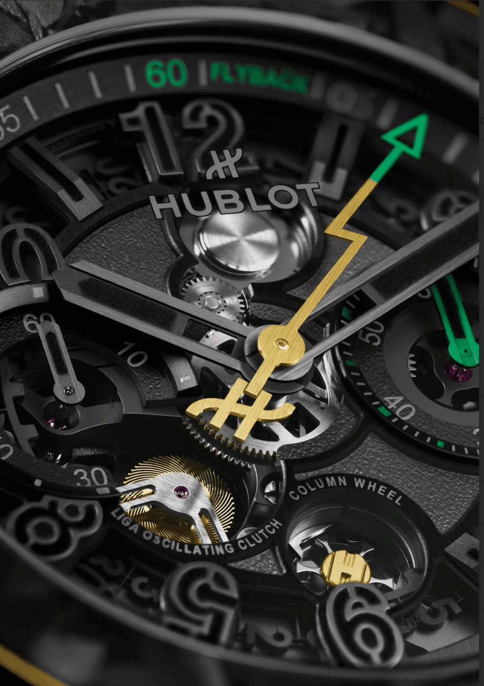 HUBLOTBig Bang Reloaded Usain BoltCARATULA CLOSE Watches World Close up of a Hublot luxury watch movement showing gears gold hands and green accents