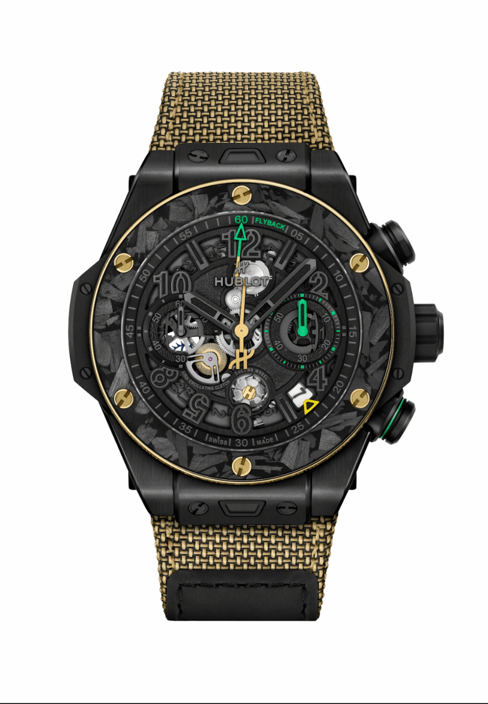 HUBLOTBig Bang Reloaded Usain BoltCOMPLETO Watches World Hublot wristwatch with a skeleton dial black case gold tone screws green accents and a gold mesh strap