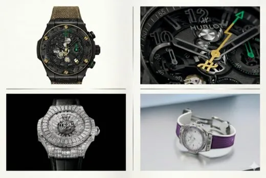 Grid of four luxury watches: top-left black and gold skeleton design, top-right close-up skeleton dial with gears, bottom-left diamond-encrusted silver watch on black, bottom-right white-faced watch with purple strap on light surface