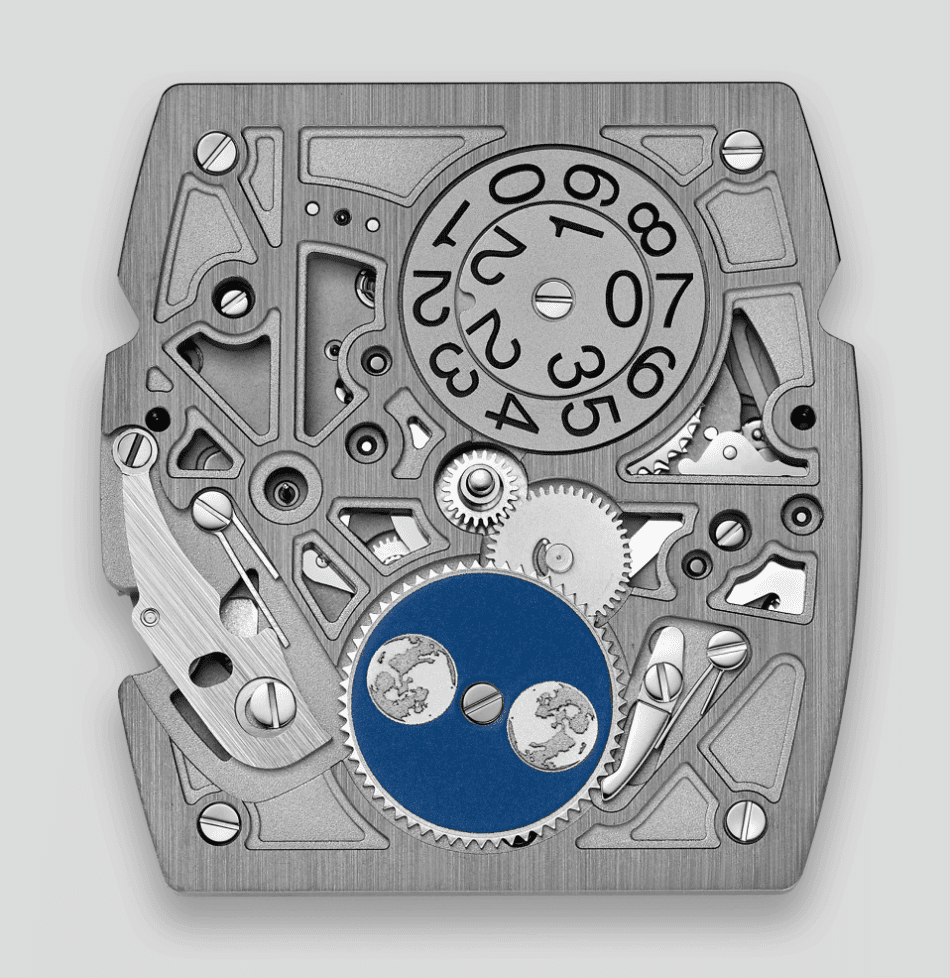 HUBLOTThe Spirit Of Big Bang ImpactMOVIMIENTO Watches World Close up of a mechanical watch movement with gears screws and a blue gear featuring world map motifs