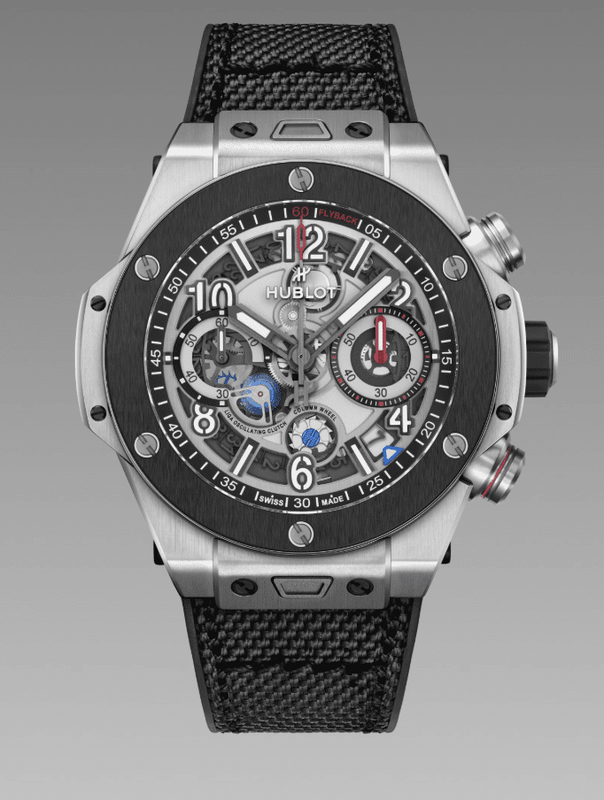 HUBOTReloaded TITANIO Y CERÁMICA Watches World Hublot skeleton chronograph watch with exposed gears black bezel and textured black strap