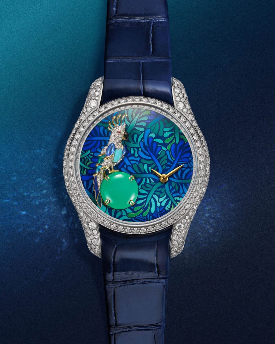 Paradise Bird Parrot Watch by Tiffany Tiffany Co Watches World Detalle de la carátula del reloj Tiffany con pájaro engastado en diamantes y turquesa