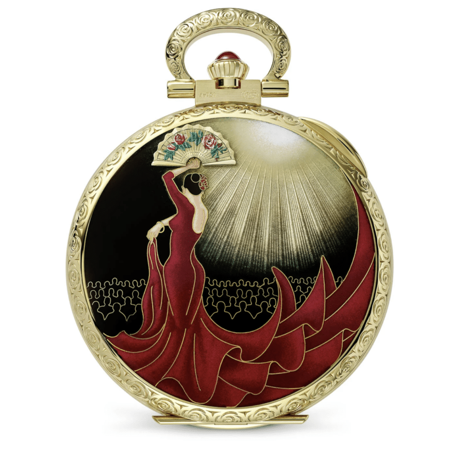 Patek Philippe Rare Handcrafts 2026 Flamenco Watches World 992198J 001 Flamenco Reloj de bolsillo con esmalte cloisonné y flinqué con pintura en miniatura sobre esmalte y grabado he