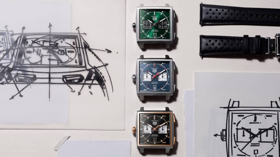 TAG Heuer Monaco Chronograph Watches and Wonders Calibre TH2011 Watches World TAG Heuer Monaco Chronograph Watches and Wonders Calibre TH20 11 Three TAG Heuer Monaco chronograph watches in green blue and rosegold aligned vertically with black perforated straps nearby beside car sketches on paper