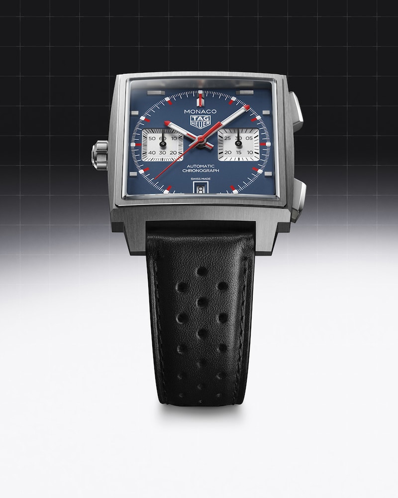 TAG Heuer Monaco Chronograph 2 Watches World TAG Heuer Monaco Chronograph Watches and Wonders Calibre TH20 11 Tag Heuer Monaco automatic chronograph wristwatch with a blue square dial silver case and black perforated leather strap