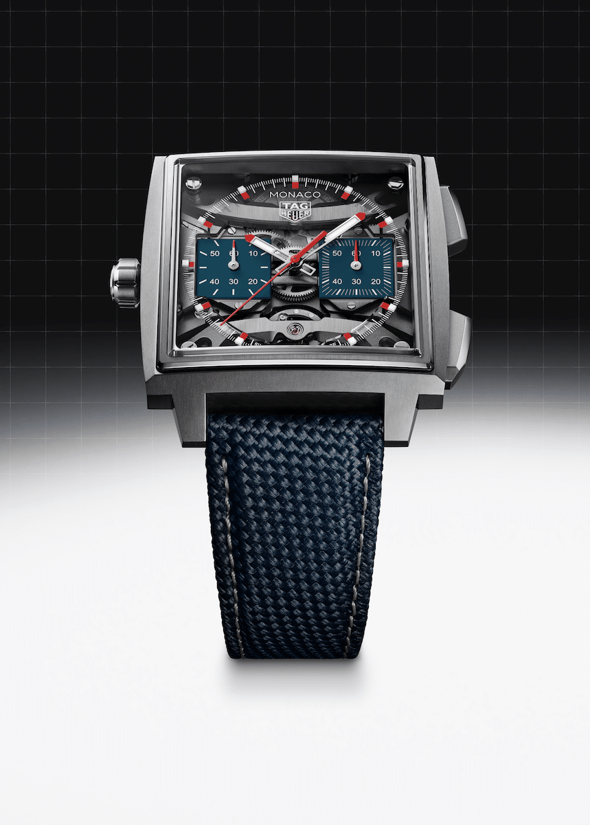 TAG Heuer Monaco Evergraph 1 Watches World TAG Heuer Monaco chronograph with skeleton dial blue subdials and a blue textured strap