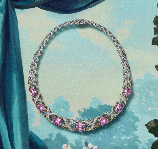 Tiffany Blue Book 2026 Hidden Garden Jasmine Watches World Collar de diamantes con gemas moradas dispuestas en un engaste pavé retorcido sobre un fondo turquesa