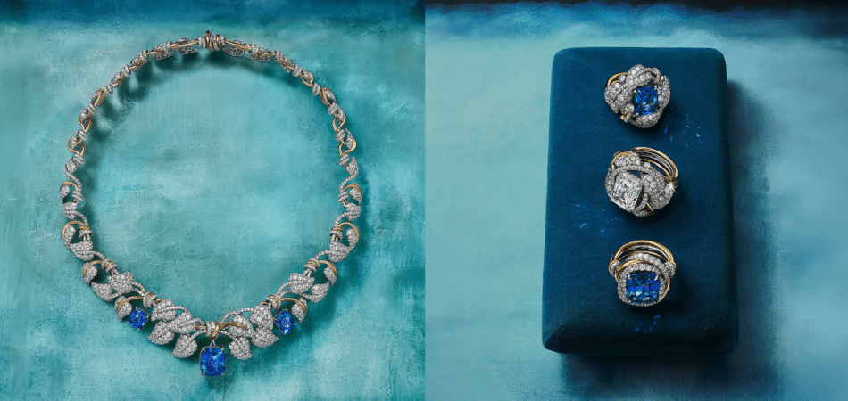 Tiffany Blue Book 2026 Hidden Garden Monarch Watches World Collar de diamantes con detalles de zafiros azules dispuestos en círculo sobre un fondo verde azulado en tonos turquesa
