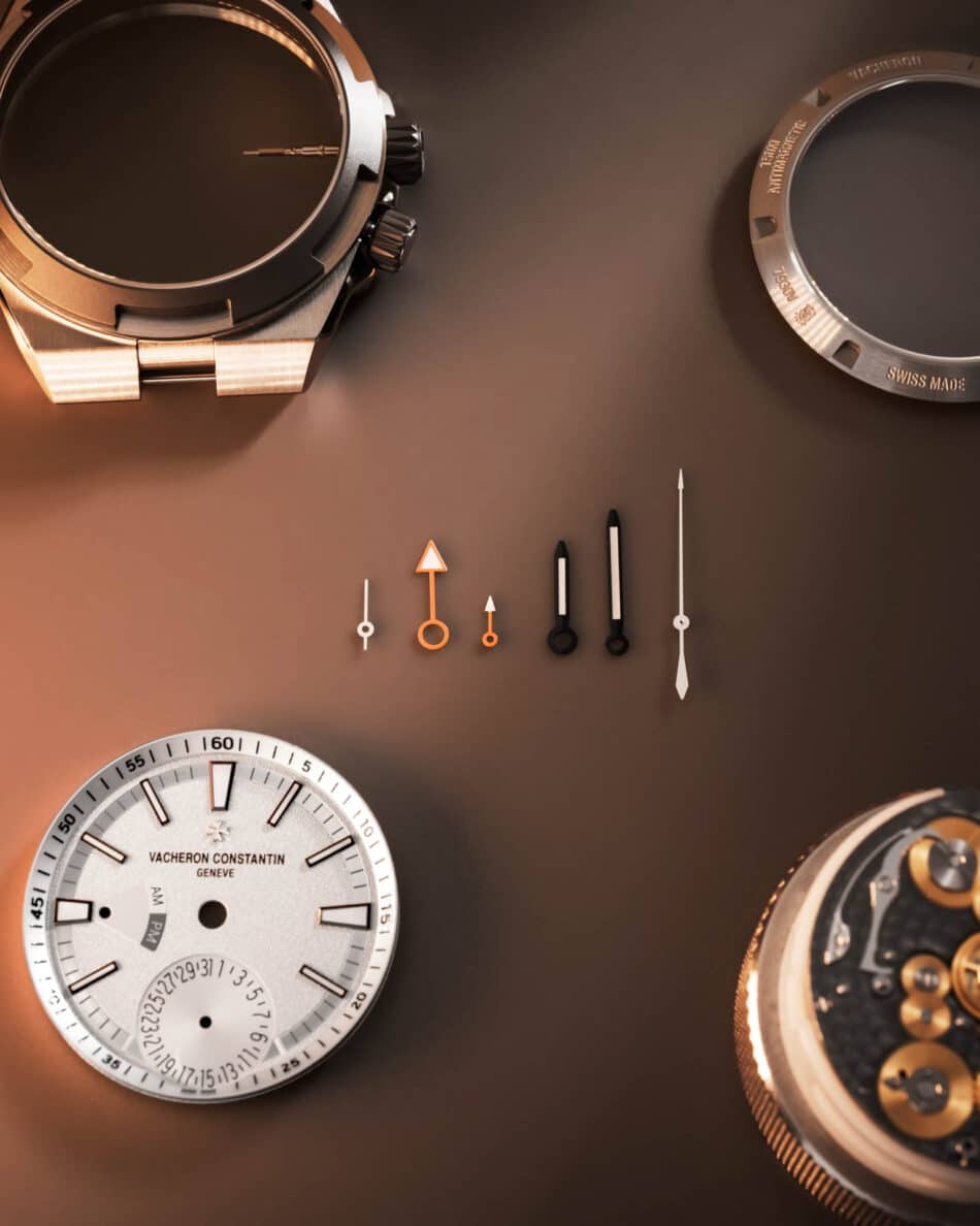 Vacheron Constantin Overseas Dual Time Cardinal Points 7930V210TH072SavoirFaire014x5crop44 Watches World Detalle de las piezas que conforman la carátula del Overseas Dual time en una mesa de relojero
