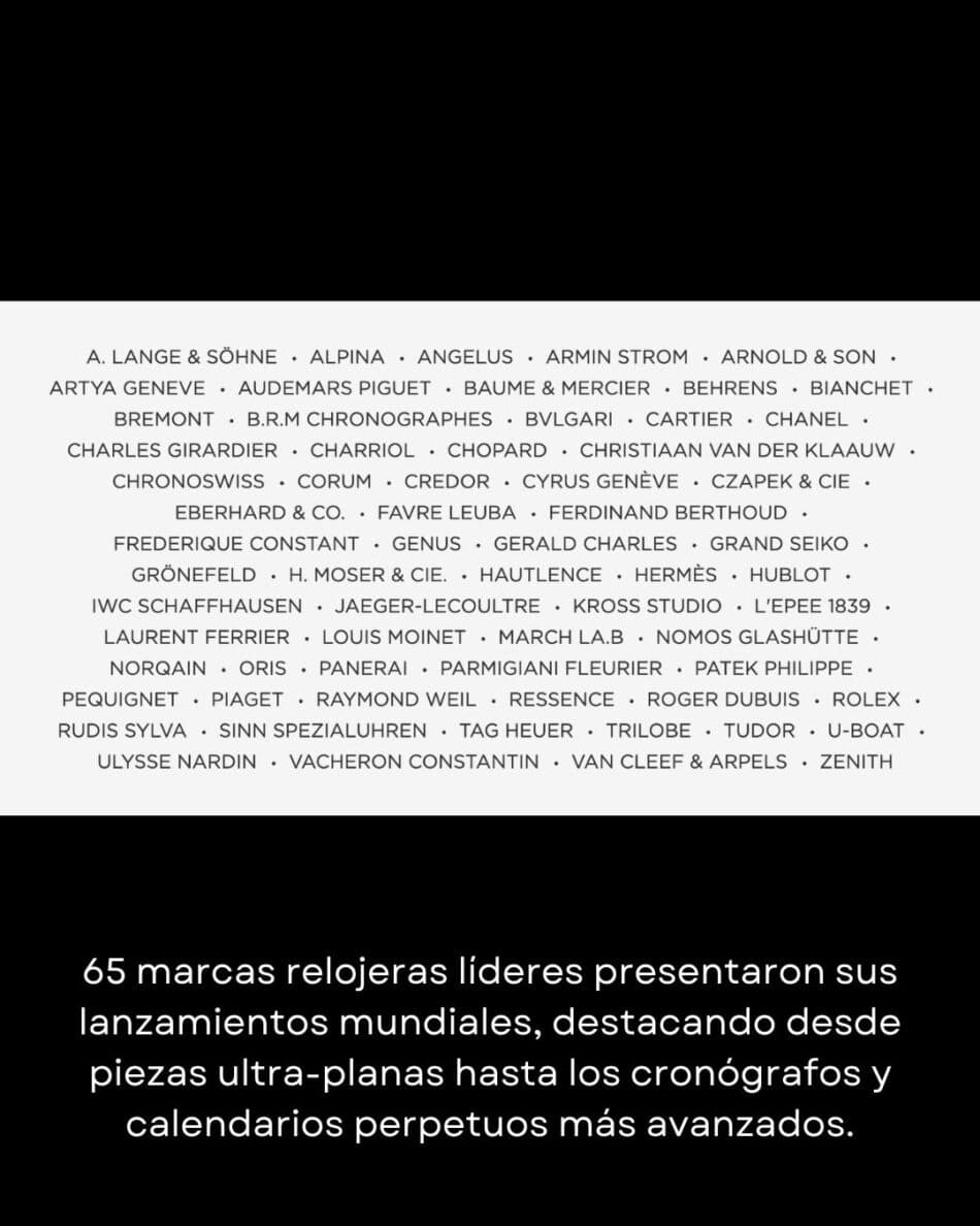 Watches and Wonders Geneva 2026 5 Watches World Watches and Wonders Geneva 2026 Light gray banner listing luxury watch brands separated by bullets followed by a Spanish caption about 65 leading brands presenting world launches of ultra thin to perpetual calendar watches