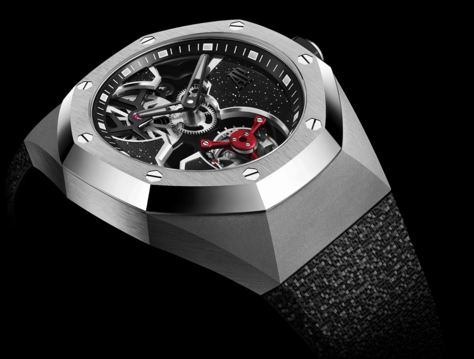 Audemars Piguet Royal Oak Concept Yoon y VerbalCAJA Watches World Royal Oak de Audemars Piguet carátula esqueletizada con engranajes a la vista y volante rojo caja de acero cepillado y correa de caucho negra